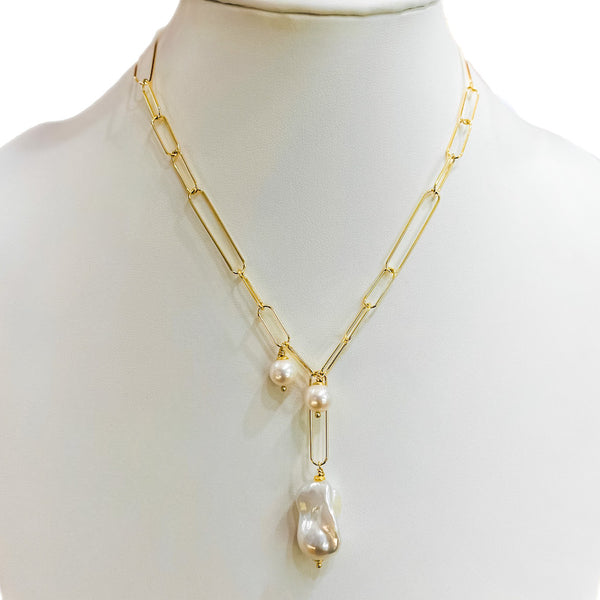 Baroque 3 Pearl Paperl Clip Station Chain Necklace