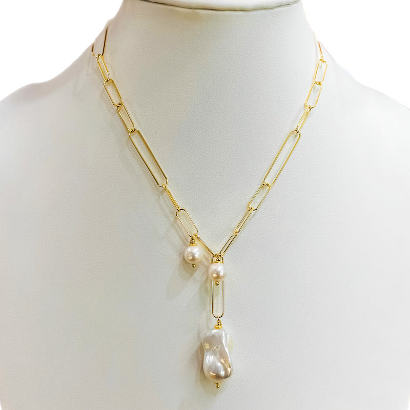 Baroque 3 Pearl Paperl Clip Station Chain Necklace