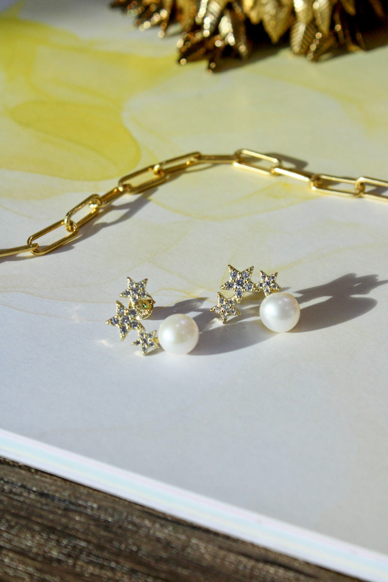 Tri-Star & Pearl Gold Earrings