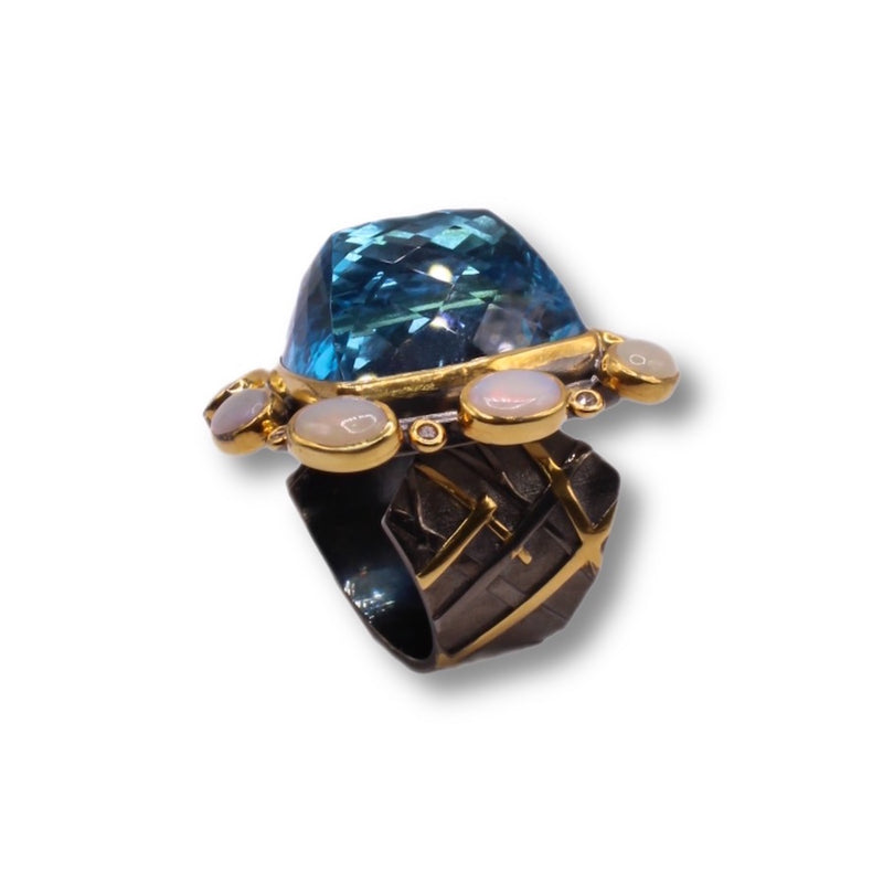 Blue Topaz, Ethiopian Opal & Diamond Statement Ring