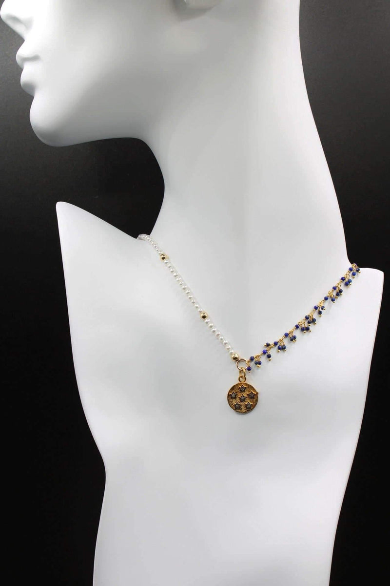 Star Diamond Pendant Pearl & Lapislazuli Necklace - Rodolfo Lugo Jewels USA