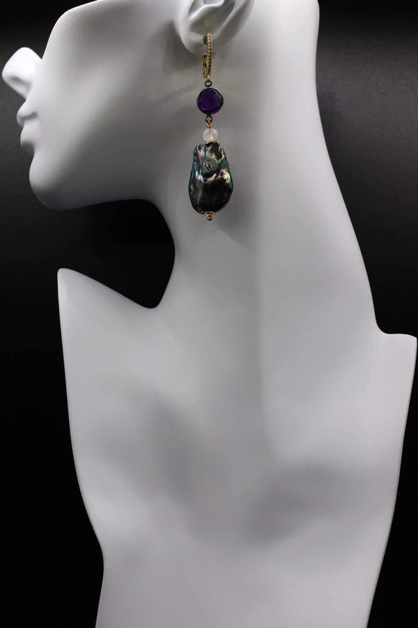 Black Pearl & Amethysts Dangle Earrings - Rodolfo Lugo Jewels USA