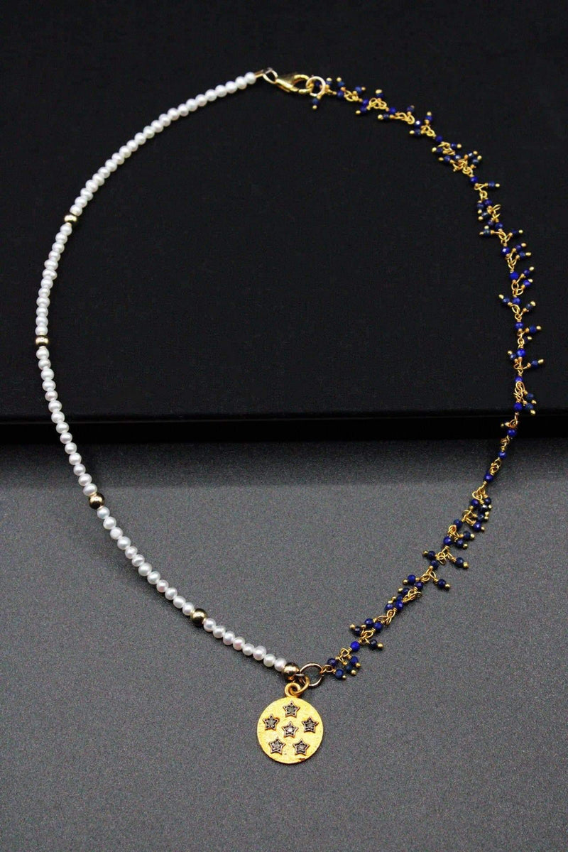 Star Diamond Pendant Pearl & Lapislazuli Necklace - Rodolfo Lugo Jewels USA